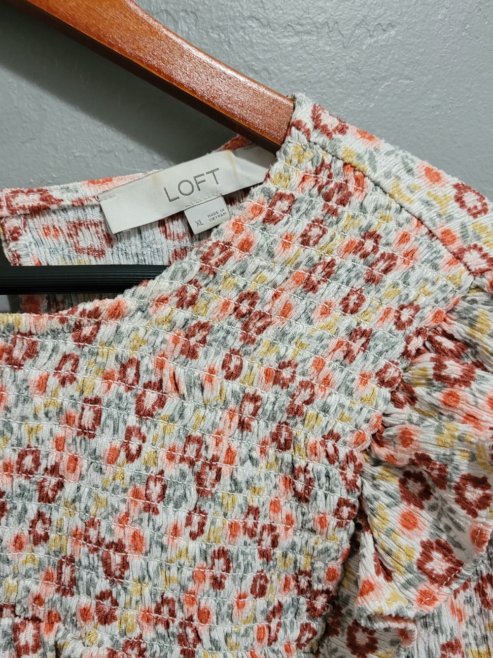 LOFT Cream Floral Smocked Ruffle Long-Sleeve Blouse - Picture 2 of 9